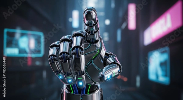 Fototapeta Futuristic robotic hand reaching out in a neon-lit urban setting, showcasing advanced technology