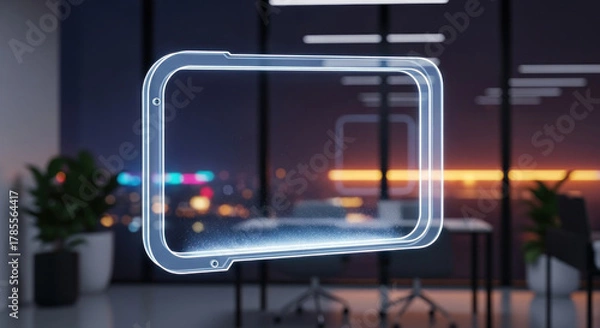 Fototapeta Futuristic transparent display panel in a modern office with a city skyline at sunset in the background