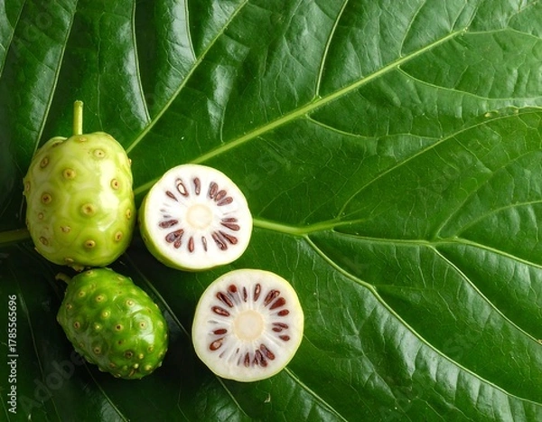 Fototapeta Close-up of green, bumpy fruit and cut fruit halves on a large leaf