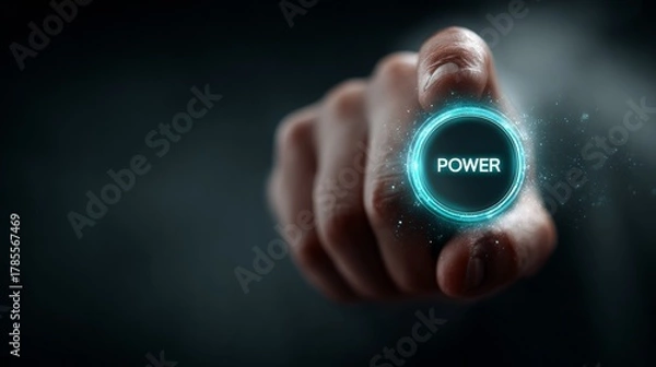 Fototapeta Human Finger Activating Glowing Power Button With Digital Energy