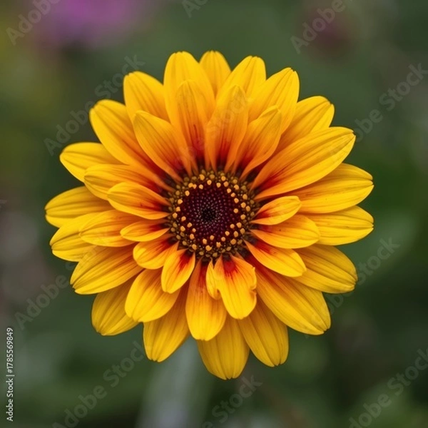 Obraz Vibrant yellow and orange daisy flower with dark center in soft focus background