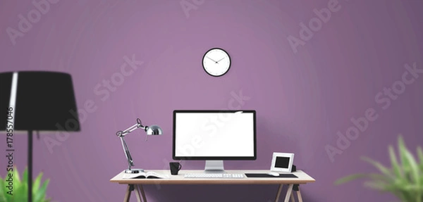 Fototapeta Desktop computer screen isolated. Modern creative workspace. Front view.