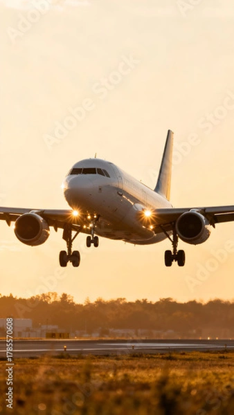 Obraz An airplane approaches the runway during sunset, with landing lights illuminated. The warm glow of the sky enhances the scene.