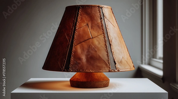 Obraz Stitched leather table lamp with warm glow