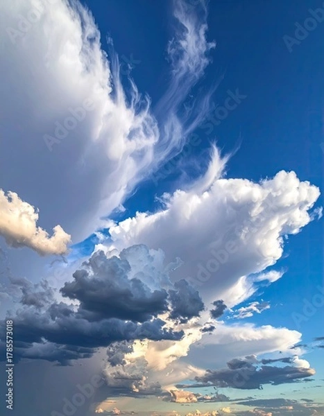 Obraz Billowing clouds drift under a clear, vibrant blue sky