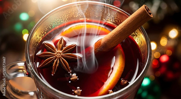 Fototapeta Hot mulled wine with cinnamon spice in a glass cup on white background