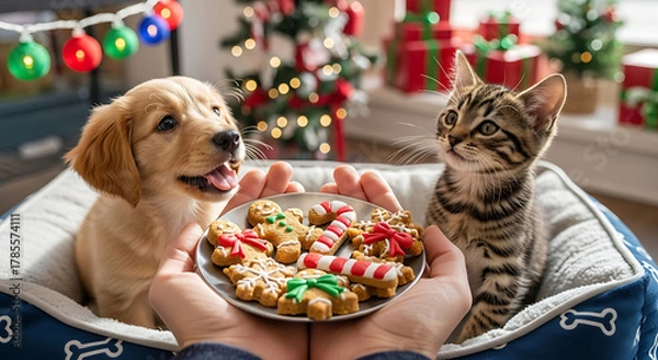 Fototapeta Cute purebred golden retriever puppy and cat isolated on white background with Christmas cookies