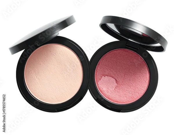 Fototapeta Two open cosmetic compacts, one pale, one rose-toned, on a stark black background