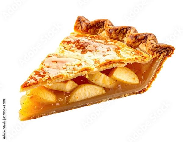 Fototapeta A delicious slice of baked pie with a golden crust and apple filling, isolated