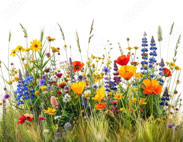 Fototapeta Vibrant wildflowers in various colors and heights, against a transparent background