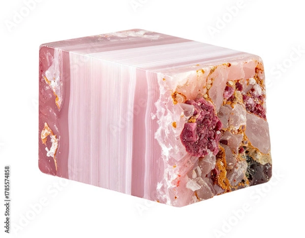 Fototapeta A layered, geometric pink mineral displays a textured surface with embedded crystals