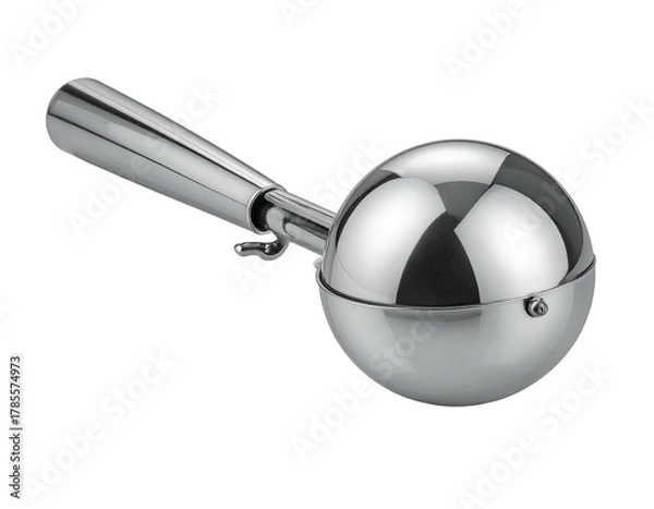 Fototapeta Shiny silver kitchen tool, ice cream scooper with a spherical bowl and handle