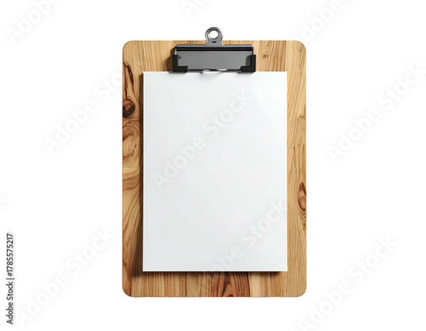 Fototapeta A clipboard holds blank paper against a wooden background, seen from above