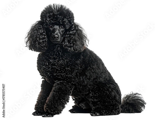 Fototapeta A poised, black poodle sits attentively, its curly fur a striking visual
