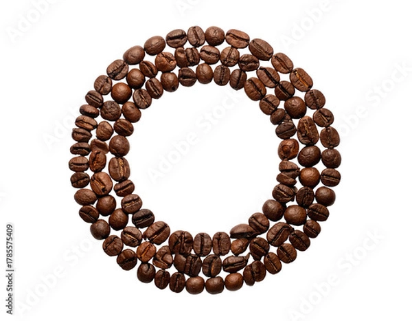 Fototapeta A ring of roasted coffee beans arranged against a pure black backdrop