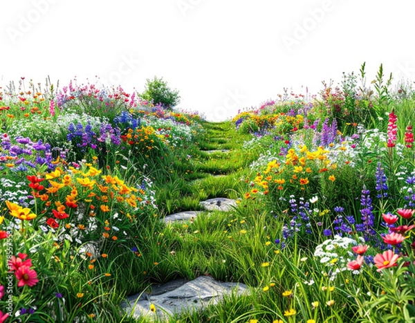 Fototapeta Stone steps ascend through a vibrant flower meadow, a path to the sky