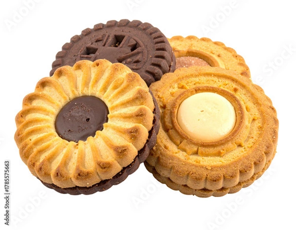 Fototapeta A close-up of four colorful, patterned sandwich cookies, arranged in a pile