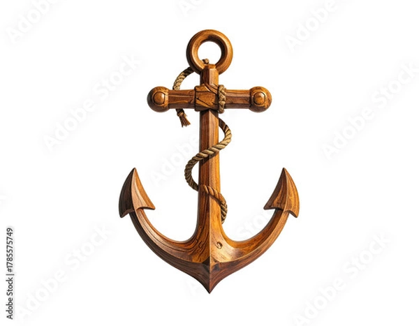 Fototapeta A finely crafted, detailed wooden anchor with rope, set against a stark black background