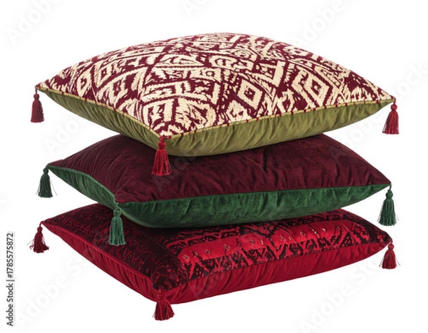 Fototapeta Three plush, square decorative pillows stacked, displaying a textured design & tassels