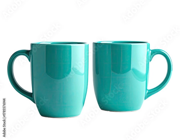Fototapeta Two identical teal mugs side by side, isolated on a stark, black background