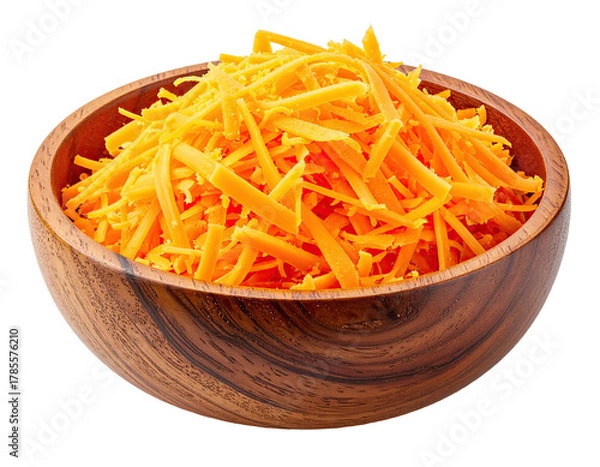 Fototapeta Grated bright orange cheddar cheese overflowing from a warm, wooden bowl