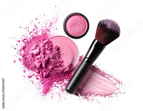 Fototapeta Pink blush makeup products open compacts, brush, powder mess, and swatch, on black