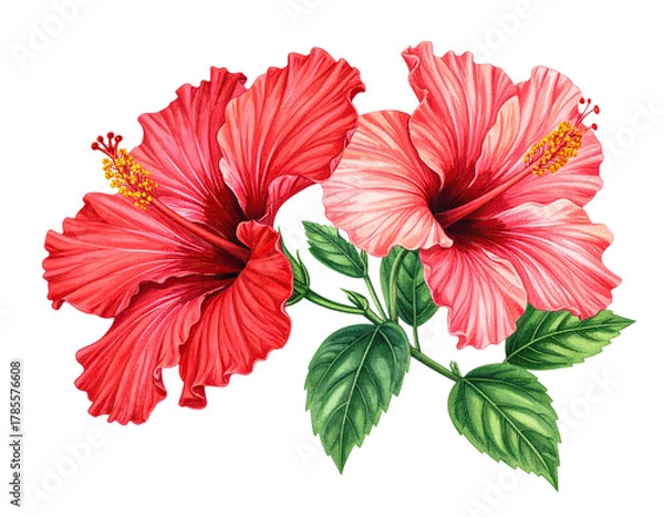 Fototapeta Two vibrant hibiscus flowers in full bloom, with leaves, set against a black backdrop