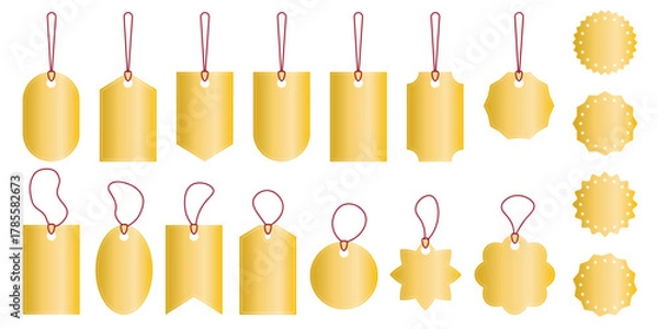 Obraz Set of gold holiday price tags and tags. Shiny label and badge mockups. Stickers for sales, offers, discounts, vector graphics
