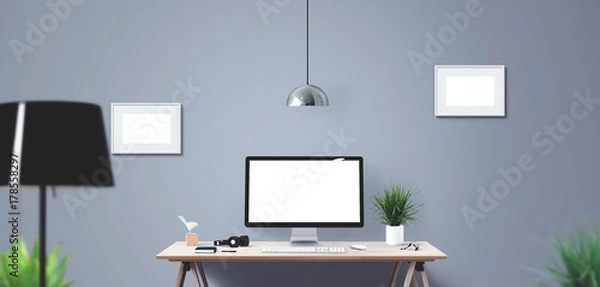 Fototapeta Computer display and office tools on desk. Mockup Scene Creator
