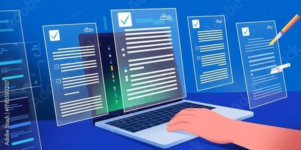 Fototapeta Hand interacting with laptop displaying digital documents and checklist typing computer