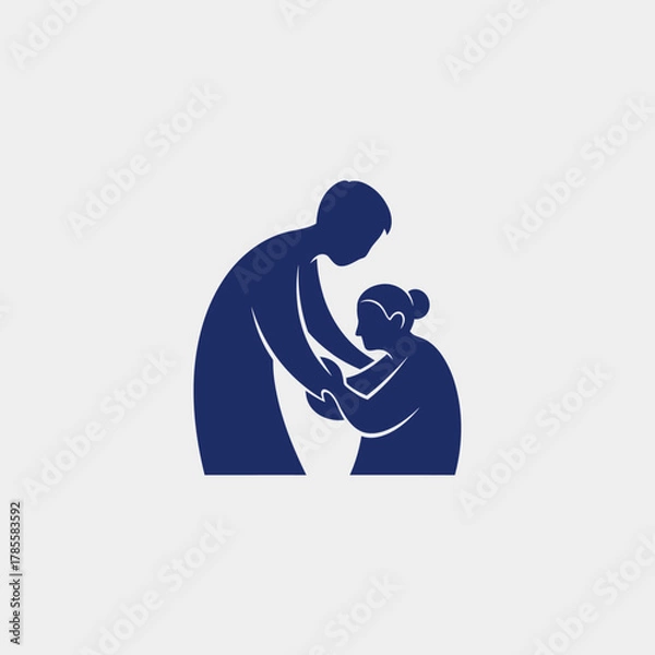 Fototapeta A silhouette of a younger person helping an older person up from a kneeling position.