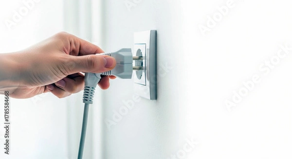 Fototapeta Hand inserting electrical plug into socket on light wall, connection concept, home comfort, technology, safe use of electricity