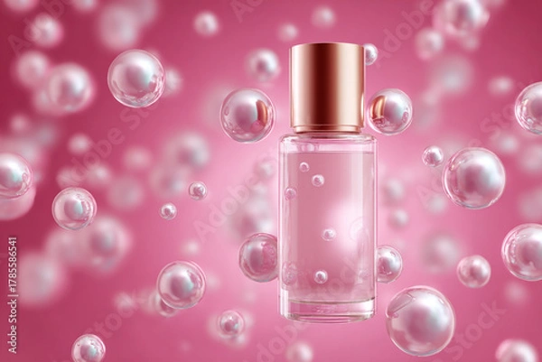 Fototapeta Elegant clear bottle with pink liquid and many floating bubbles on a vibrant rose background