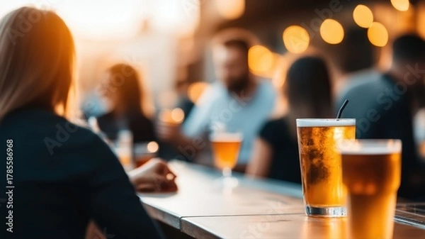 Fototapeta Woman enjoys refreshing golden beer with foam and straw at vibrant bar counter scene, lively social evening gathering creating happy relaxation and afterwork enjoyment atmosphere.