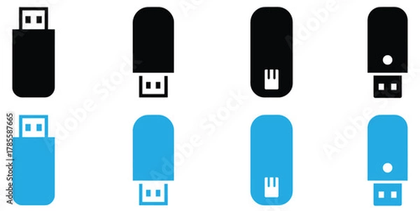 Obraz USB drive icons in black and blue for data storage solutions,Usb icon logo design. Flash disk sign and symbol. flash drive sign. usb charging