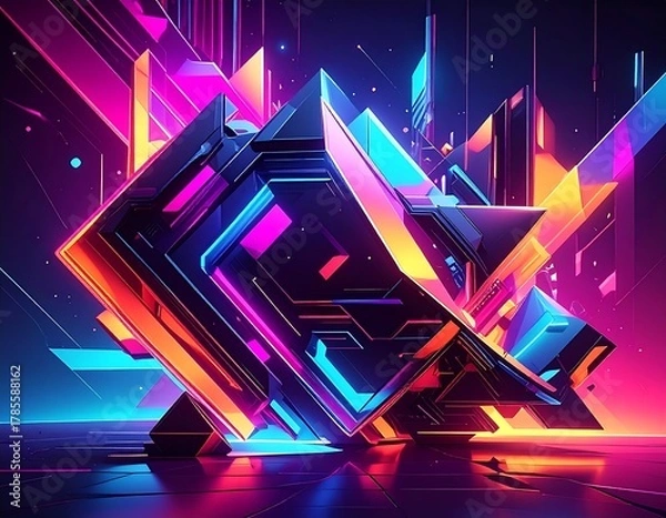Fototapeta Geometric cube with neon lights, futuristic abstract design