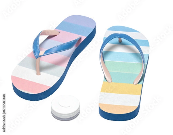 Fototapeta Two colorful flip-flops and a small, white, round object, all on black