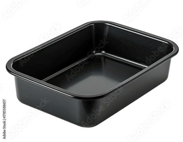 Obraz A black, rectangular baking pan, empty and reflective, sitting on a black background