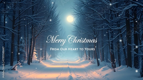 Obraz Christmas background image showing moonlit snowy road, dark forest depth, warm shadows, bright full moon, and heartfelt festive script.
