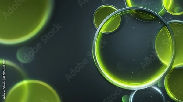 Fototapeta Futuristic neon green bokeh circles with metallic silver accents and data streams for innovative technology product banner and website header

