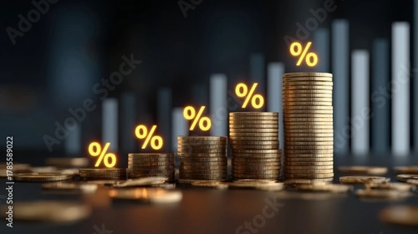 Fototapeta Visual representation of financial growth with coins and percentage symbols illustrating increasing profits.