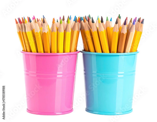 Fototapeta Two colorful buckets filled with pencils, a vibrant display of writing tools