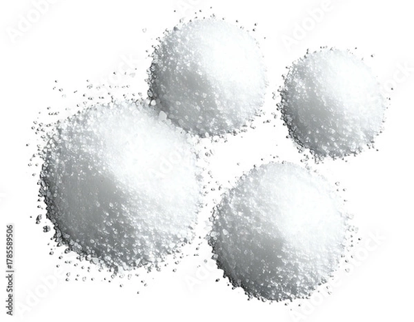 Fototapeta Four white, granular mounds against a stark black background, close-up view