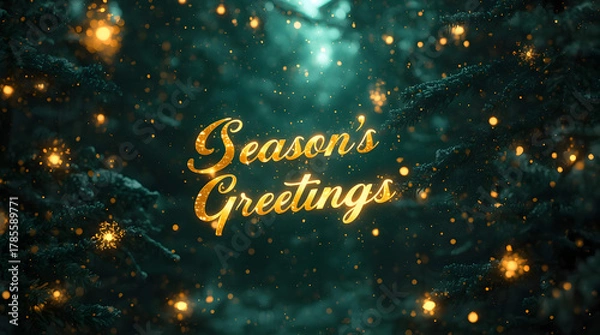 Obraz Christmas background image highlighting close-up pine needles, warm golden bokeh, dark teal tones, and glittering festive greeting script.

