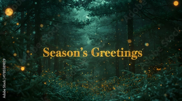 Obraz Christmas background image depicting dark pine forest, glowing firefly lights, teal tones, atmospheric depth, and golden festive greeting.
