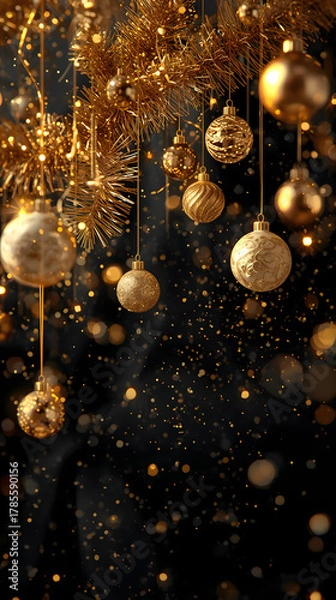 Obraz Christmas background image showcasing luxurious hanging gold ornaments, black backdrop, glittering tinsel, falling sparkles, and elegant festive contrast.