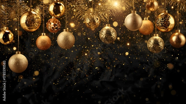 Obraz Christmas background image showcasing luxurious gold ornaments, dark black contrast, glowing tinsel, falling sparkles, and refined festive elegance.
