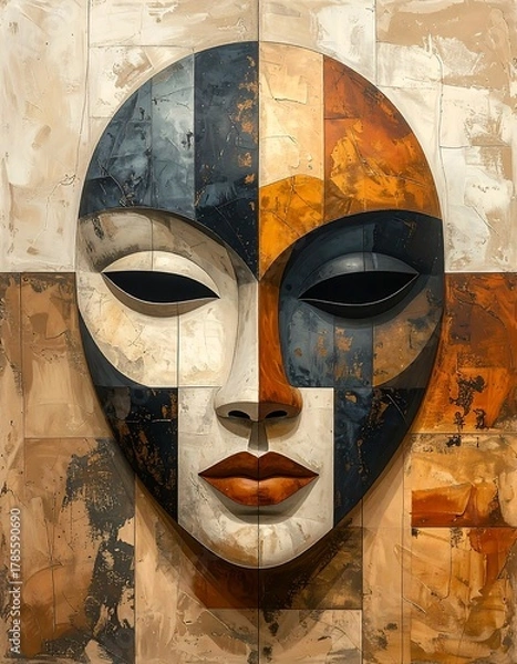 Fototapeta Geometric painted mask in warm tones with stylized features