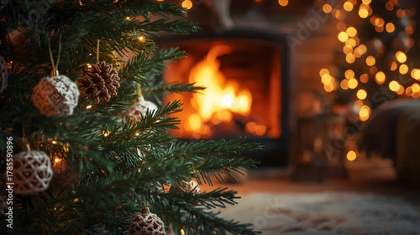 Obraz Christmas background image capturing rustic tree ornaments, warm fireplace glow, soft bokeh ambience, and cozy festive interior atmosphere.
