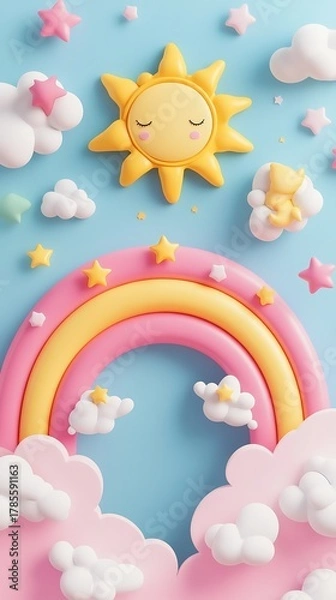 Fototapeta Whimsical pastel rainbow and sleeping sun decoration with fluffy clouds and tiny stars against a soft blue background
